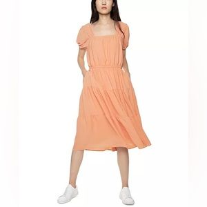 Puff-Sleeve Tiered Midi Dress